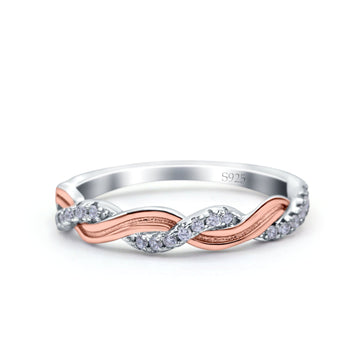 Half Eternity Rope Ring Wedding Band Round Pave Two Tone, Simulated CZ 925 Sterling Silver (4mm)